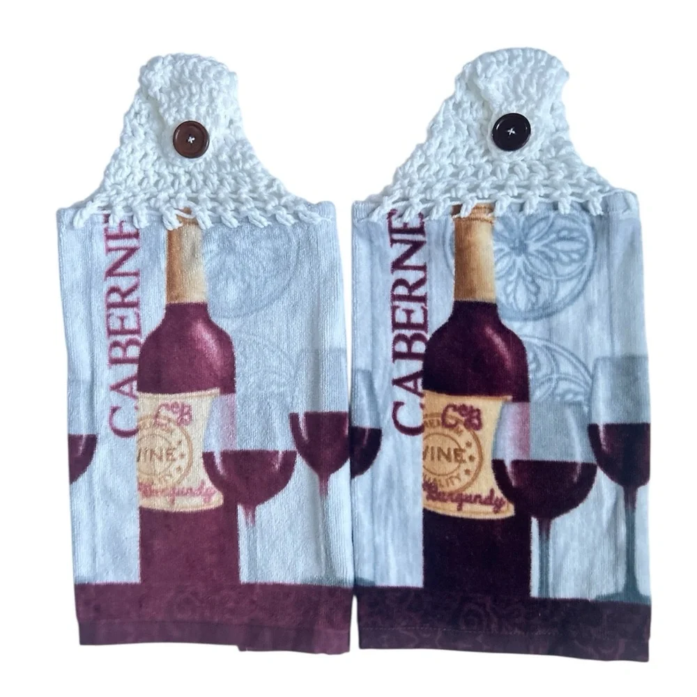 Hand Crafted Cabernet Wine Hanging  Hand Towels with Burgundy and Gray Design